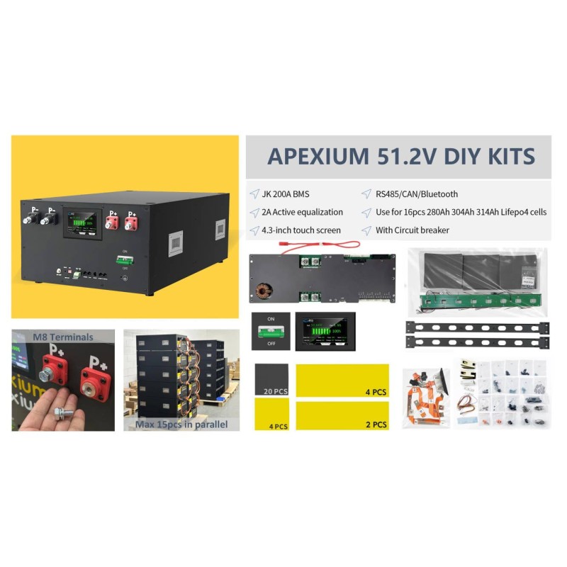 USA Stock Docan Apex DIY LifePo4 15KWH Assembled Battery Packs with JK PB2A16S20P BMS, with DC air breaker