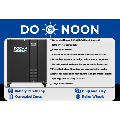 USA stock Docan Noon 51.2V 300Ah 15kWh Moveable Battery Pack with 200A BMS and Touch Screen, Wifi and Bluetooth, 2A active balance function