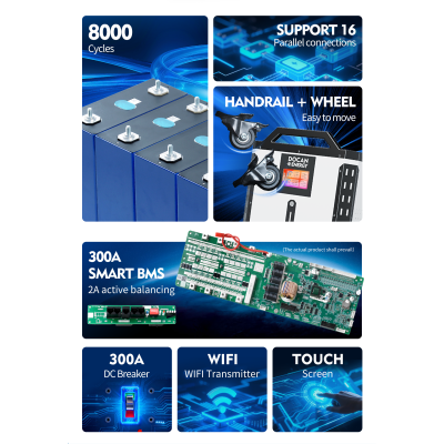 US Stock Docan Panda 51.2V 942Ah 48KWH Lifepo4 Battery packs with 300A wifi BMS, 300A DC breaker and touch Screen
