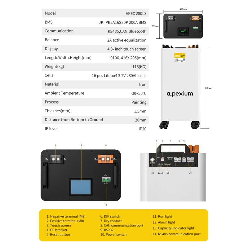 EU Stock Docan Apex DIY Lifepo4 15KWH Assembled L3 vertical Battery packs with JK PB2A16S20P BMS