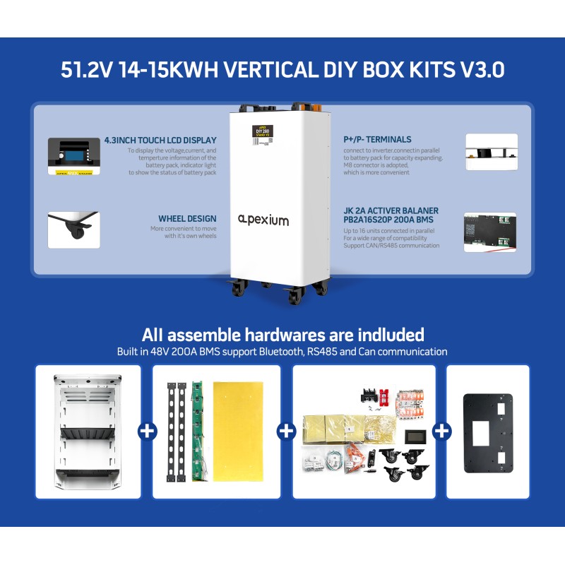 US Stock Apex Vertical V3 DIY 48V 280 304 314 Metal box with 200A JK PB2A16S20P Inverter BMS